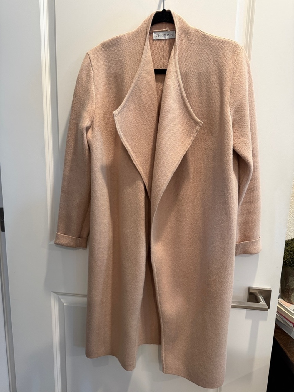 Open-Front Trench Knit Coat in Tan